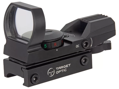 Коллиматор Target Optic 1x22x33, на Weaver/Picatinny, открытого типа, 4 вида прицельной марки, точка 2 MOA, красная/зелёная, 5 уровней яркости, цена клика 1 MOA, CR2032, алюминий, 115 г.