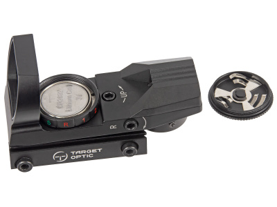 Коллиматор Target Optic 1x22x33, на Weaver/Picatinny, открытого типа, 4 вида прицельной марки, точка 2 MOA, красная/зелёная, 5 уровней яркости, цена клика 1 MOA, CR2032, алюминий, 115 г.