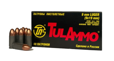 Патрон пистолетный Tulammo кал. 9 mm Luger (9х19), FMJ 145 gr., 9,3 r., гильза стальная, оболочка биметалл